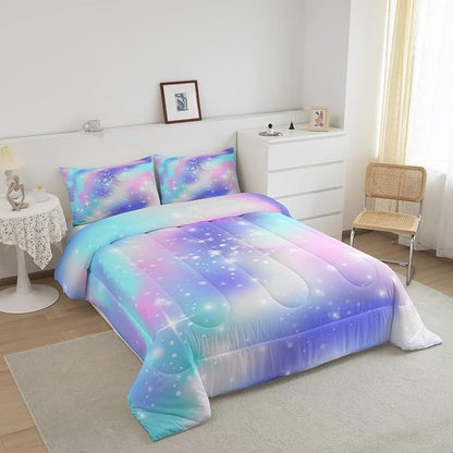 Erosebridal Ombre Comforter Rainbow Comforter Set Queen Tie Dye Galaxy Duvet Set Nebula Bedding Starry Sky Quilt Set Pastel Stars Glitter Bedding Set Purple Blue Bedroom Decorative Down Comforter
