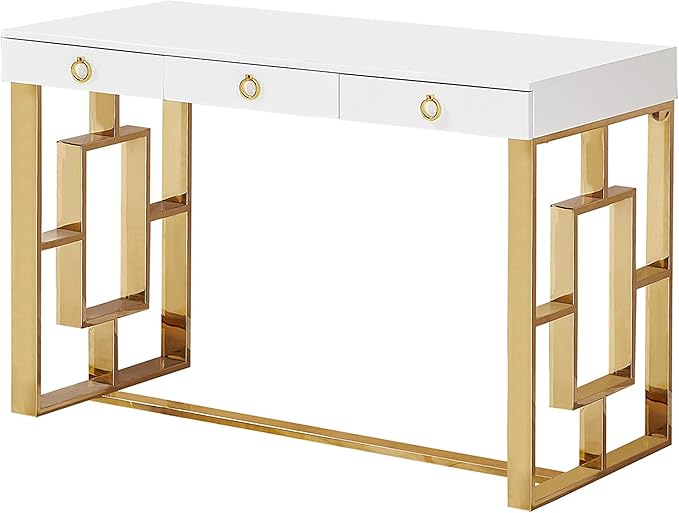 Best Master Furniture Brooke Mid-Century Modern Glossy Home Office Desk, Gold