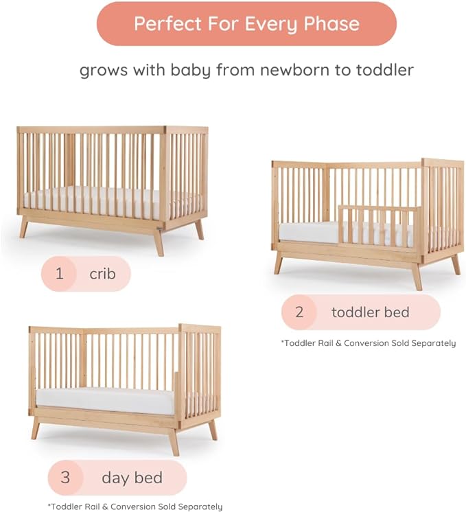 dadada Baby Soho 3-in-1 Convertible Crib to Toddler Bed – Wooden Crib Made in Italy, GREENGUARD Gold Certified Small Baby Crib – Baby-Safe Finish, Modern Design (Natural)