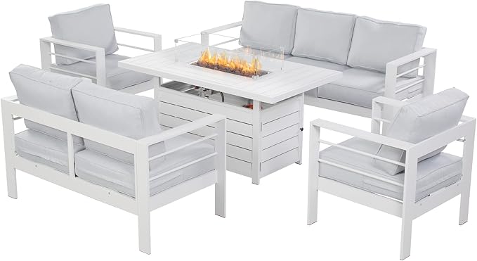 Wisteria Lane Aluminum Patio Furniture Set, 5 Piece Metal Outdoor Furniture Set with CSA Certified 54in Propane Gas Fire Pit Table, Patio Conversation Set with 5in Olefin Cover Cushions (White)
