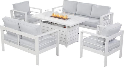 Wisteria Lane Aluminum Patio Furniture Set, 5 Piece Metal Outdoor Furniture Set with CSA Certified 54in Propane Gas Fire Pit Table, Patio Conversation Set with 5in Olefin Cover Cushions (White)