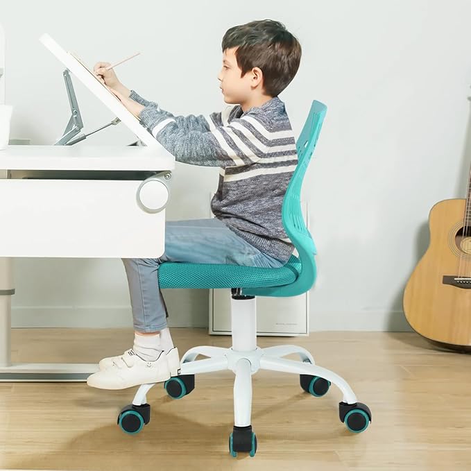 FurnitureR Desk Chair Armless Home Office Task Chair with Mesh Padded Cushion Swivel Study Chair with Rolling Wheels for Kids Teens Children, Turquoise