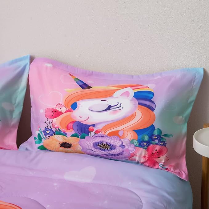 ADASMILE A & S Unicorn Bedding Twin for Girls Unicorn Bed Set Pink Unicorn Comforter Set Twin 6Pieces Girls Bed in A Bag Comforter with Hearts Sheets Reversible Unicorn Bed Sheets Home Unicorn Decor