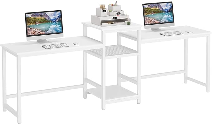 Tribesigns 96.9" Double Computer Desk with Printer Shelf, Extra Long Two Person Desk Workstation with Storage Shelves, Large Office Desk Study Writing Table for Home Office, White