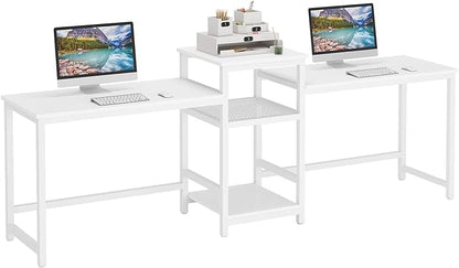 Tribesigns 96.9" Double Computer Desk with Printer Shelf, Extra Long Two Person Desk Workstation with Storage Shelves, Large Office Desk Study Writing Table for Home Office, White