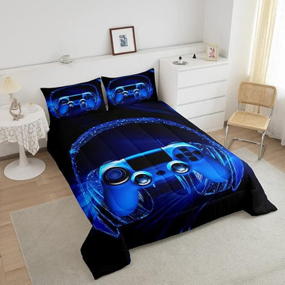Feelyou Gamer Bedding Set Kids Video Game Gamepad Comforter Set for Boys Teens Gaming Headset Comforter Breathable Blue Game Controller Duvet Set Room Decor Quilt Set Twin Size