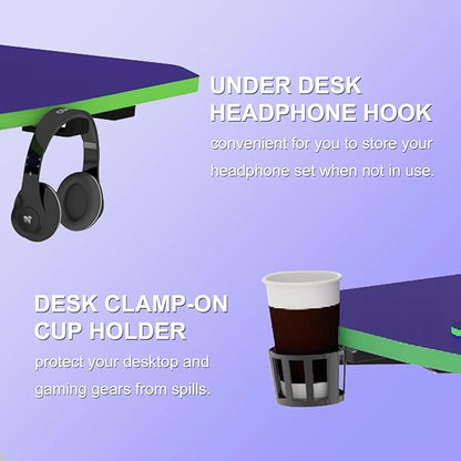 63 Inch Gaming Desk, with Carbon Fiber Surface, Lightning-Shaped PC Computer Table, with Headphone Holder, Cup Holder, Cable Management Box, Gaming Table for Gamer, Purple&Green