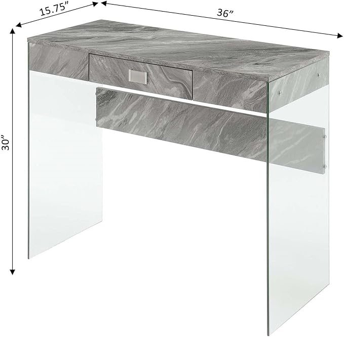 Convenience Concepts SoHo 1 Drawer Glass 36 inch Desk, Gray Faux Marble/Glass