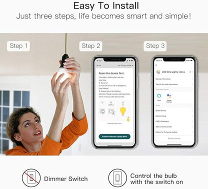 TREATLIFE Smart Light Bulbs, 2.4GHz WiFi LED Light Bulb, Dimmable Smart Bulb Compatible with Alexa, Google Home, SmartThings, UL Certified Warm White& Cool White(2700K-6500K), 800LM, E26, A19, 9W