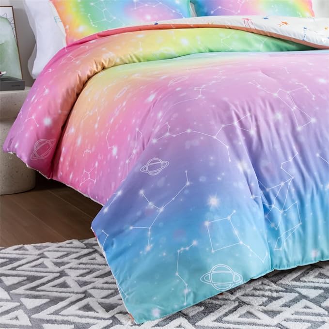 Holawakaka Tie Dye Constellation Print Rainbow Ombre Comforter Set Full Size Girls Boys Gradient Galaxy Bedding Sets Teens Boho Bed Set(Multi,Full)