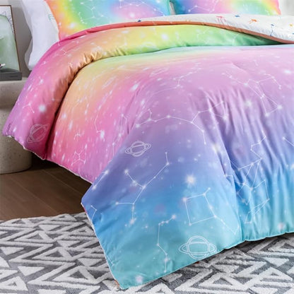 Holawakaka Tie Dye Constellation Print Rainbow Ombre Comforter Set Queen Size Girls Boys Gradient Galaxy Bedding Sets Teens Boho Bed Set(Multi,Queen)