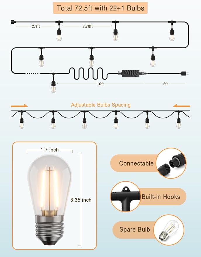 XMCOSY+ Smart Outdoor String Lights, 72.5 Ft Patio Lights with 22 Edison Shatterproof Bulbs, APP & WiFi Control Dimmable Outdoor Light, Work with Alexa, IP65 Waterproof LED String Light for Outside