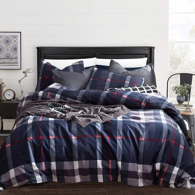 Navy Plaid Comforter Set Queen Checkered Bedding Set Navy Blue Tartan Grid Comforter Striped for Women Adult Navy Blue Checkered Blanket Set Dark Navy Queen Bed Comforter Set