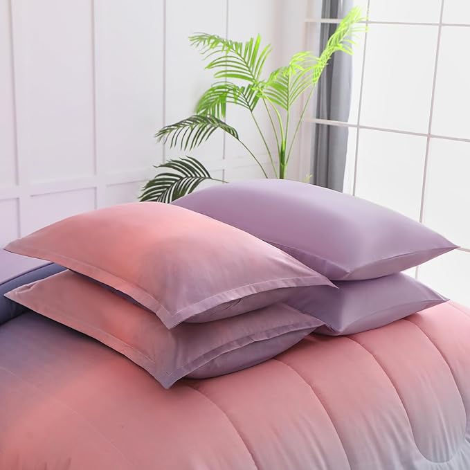 Dinjoy Girls Comforter Set Queen Size Colorful Rainbow Ombre Pink Purple Light Blue Bedding Set Gradient 7 Pieces Bed in A Bag for Kids Teen Women(1 Comforter, 1 Flat Sheet, 1 Fitted Sheet)