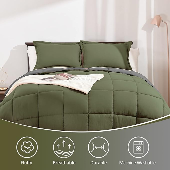 Basic Beyond Twin Comforter Set for Girls and Boys - Fluffy Twin Bed Comforter Set for All Seasons - Reversible Olive Green and Dark Grey Comforter Set - 2 Pcs (1 Comforter + 1 Pillow Sham)