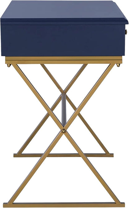 Linon Campaign Desk Navy with Gold Legs, Blue