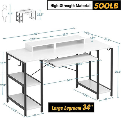 Computer Desk with Keyboard Tray, 55 Inch Music Studio Desk Music Production Desk with Storage Shelves Monitor Stands and 4 Iron Hooks, Desk Workstation Gaming Table for Home Office