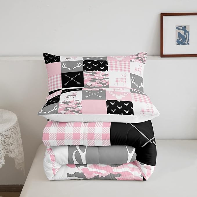 Deer Antlers Comforter Set Queen Size,Camo Western Rustic Farmhouse Xmas Bedding 3pcs for Kids Teens Boys Girls Room Decor,Boho Arrows Geometric Plaids Down Comforter,Pink Duvet Insert,2 Pillowcases