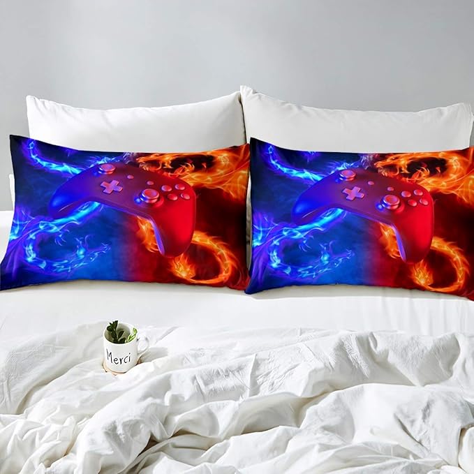 Ice Fire Dragon Comforter Set for Boys Teens Kids Gamer Games Room Decor Bedding Set Blue Red Gaming Gamepad Down Comforter ,Fairy Tale Animals Theme Room Decor 3Pcs Duvet Insert Full Size,Soft