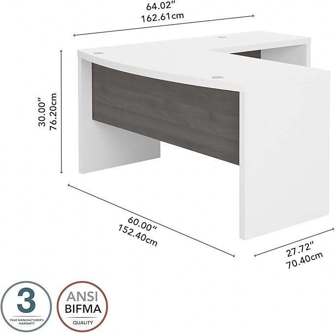 Bush Business Furniture Echo L Shape Desk with Wire Management | Corner Bow Front Table for Home Office with Quick-to-Assemble Hardware, 60W, Pure White and Modern Gray