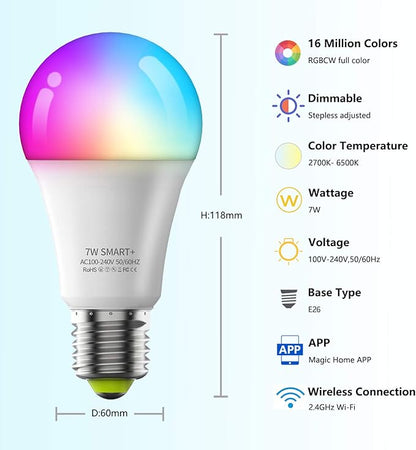 Smart Light Bulbs 4Pack, WiFi & Bluetooth 5.0, App Control, Color Changing LED Bulb, A19 E26 800LM Dimmable RGB Lights, 2700~6500K, Smart Home Lighting Works with Alexa Google Assistant