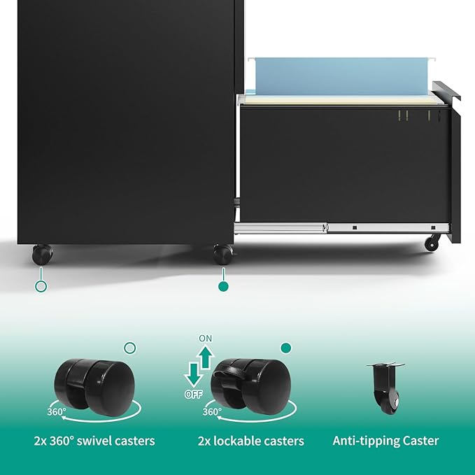 2 Drawer Mobile File Cabinet with Lock,Under Desk Metal Filing Cabinet for Home Office,Steel Small Rolling File Cabinet with 2 Keys for Legal/Letter/A4 Size Fully Assembled Except Wheels (Black)