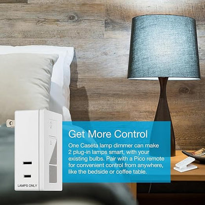 Lutron Caseta Smart Lamp Dimmer 3-Way Kit and Pico Remote, for Floor and Table Lamps, for Dimmable LED Lights, 100 Watt, Single-Pole/3-Way, P-PKG1P-WH