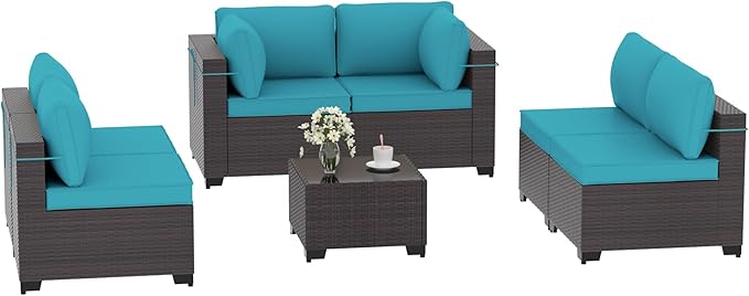Outdoor Furniture Set 7PCS Patio Furniture for Backyard Wicker Sectional Sofa Set 6 Seats, PE Rattan Outdoor Conversation Set with Thickened Cushions and Glass Coffee Table, Blue