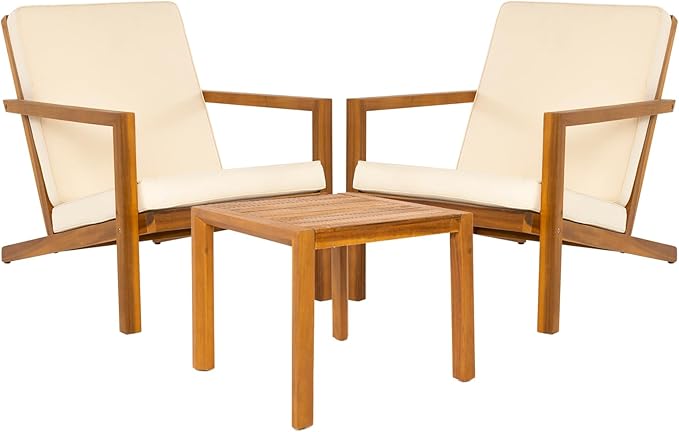 Eleve 400lbs Capacity Outdoor Set of 2 with Wooden Side Table, FSC Certified Acacia Wood Patio Furniture Set for Firepit Porch, Large, Slanted Backrest Club Chair