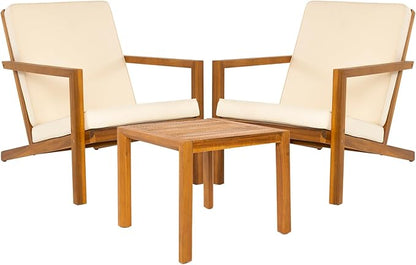 Eleve 400lbs Capacity Outdoor Set of 2 with Wooden Side Table, FSC Certified Acacia Wood Patio Furniture Set for Firepit Porch, Large, Slanted Backrest Club Chair