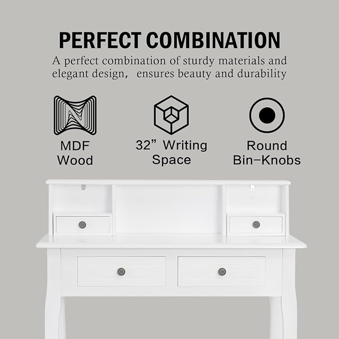DMAITH Writing Desk with Hutch, 32 Inch Home Office Desk with Drawers, Study Table Computer Desk for Student, Makeup Dressing Table for Bedroom