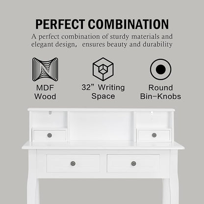 DMAITH Writing Desk with Hutch, 32 Inch Home Office Desk with Drawers, Study Table Computer Desk for Student, Makeup Dressing Table for Bedroom