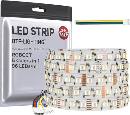 BTF-LIGHTING RGBCCT 5 Colors in 1 LED Tape Lights 5050SMD RGBWW RGB+Dimmable Color Temperature 2700K-6500K 16.4ft 96LED/m 480LED IP30 DC12V White PCB for Home Decoration(No Adapter or Controller)