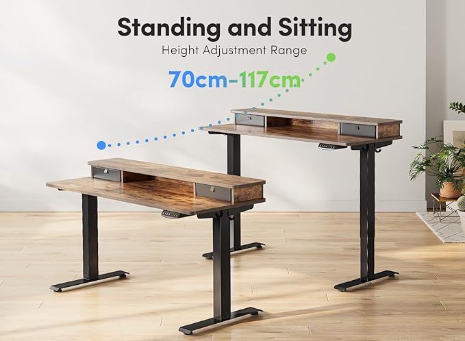 FEZIBO 60 x 24 Inch Height Adjustable Electric Standing Desk with Double Drawer, Stand Up Desk with Storage Shelf, Sit Stand Desk, Rustic Brown