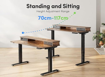 FEZIBO 60 x 24 Inch Height Adjustable Electric Standing Desk with Double Drawer, Stand Up Desk with Storage Shelf, Sit Stand Desk, Rustic Brown