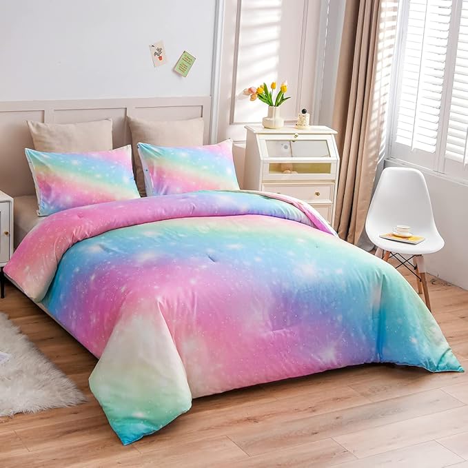 Holawakaka Girls Ombre Glitter Comforter Set, Twin Size Gradient Rainbow Galaxy Print Kids Bedding Sets, Multi-color Ultra-soft Dorm Bed Set (Pink Green, Twin)