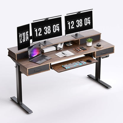 Electric Standing Desk, Multifunctional Standing Desk Adjustable Height, 63 * 24 Standing Desk with 4 Drawers, Ergonomic Adjustable Standing Desk with Keyboard Tray, Rustic Brown