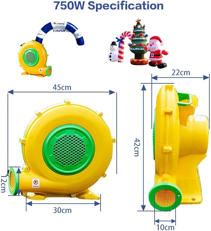 Air Blower 750 Watts with 4M Wire, 2550Pa Pump Fan Commercial Inflatable Bounce House Blower, Used for Inflatable Bouncy Castle and Jump Slides (750W,1HP)