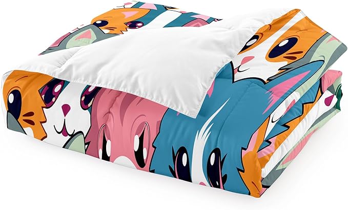 Cat Comforter Set for Girls - Balck Neon Cartoon Cats Bedding Set for Girls Bedroom Ultra Soft Cats Queen Size Comforter Set for All-Season with 1 Comforter and 2 Pillowcases Girls Room Decor