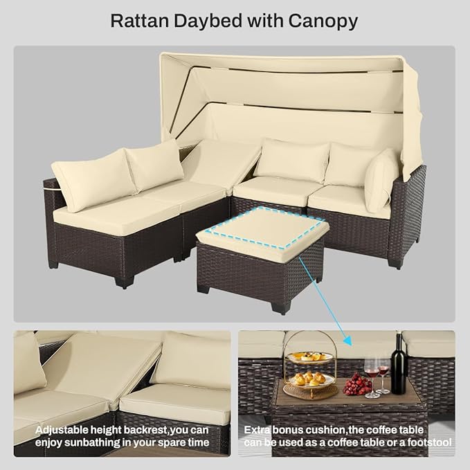 6 PCS Outdoor Patio Furniture Set,Sectional Sofa Set,Rattan Daybed with Retractable Canopy,Adjustable Backrest,Storage Coffee Table,Chaise Chair Sunbed for Porch Garden Poolside Backyard(Beige)