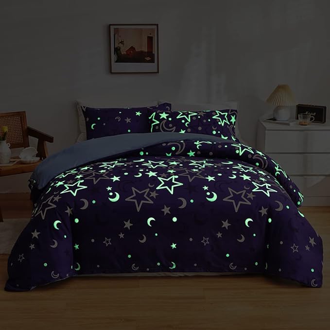 Feelyou Galaxy Glow in The Dark Comforter Set for Girls Kids Queen Purple Universe Starry Night Bedding Set Super Soft Outer Space Stars Moon Comforter Girl Bedroom Glow Decor Bedding Quilted Duvet