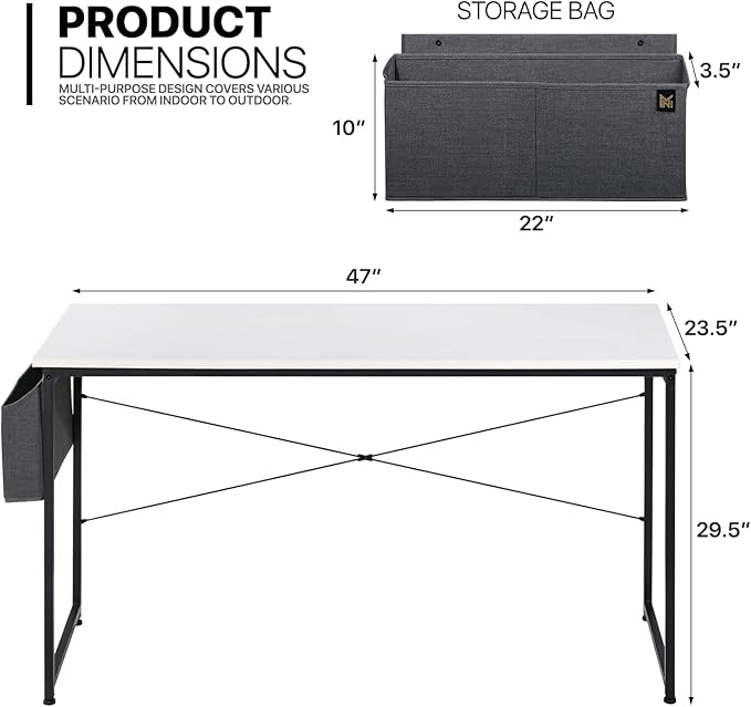 MoNiBloom Computer Desk 47 Inches with A Storage Bag, Student Laptop Writing Desks for Samll Space Home Office, White