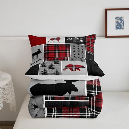 Deer Antlers Bear Kids Comforter Set Queen Size,Plaids Boho Arrows Patchwork Bedding Set for Boys Girls Adults Room Decor,Rustic Adventure Xmas Down Comforter,Red Retro Duvet Insert,2 Pillowcases