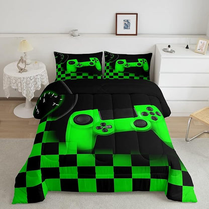 Gamer Comforter Set for Boys Home Decor Full 3pcs,Green Buffalo Plaid Check Novelty Bedding Set Microfiber Soft,Game Reversible Warm Duvet Insert,Gaming Gamepad Down Comforter with 2 Pillowcases