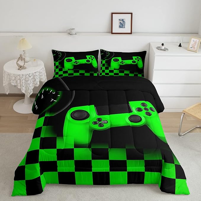 Erosebridal Gaming Comforter for Teen Boys Kids Girls,Gamepad Duvet Insert for Gamer Home Decor,Black Green Teens Gamer Bedding Set King,Buffalo Check Plaid Down Comforter Set with 2 Pillowcases