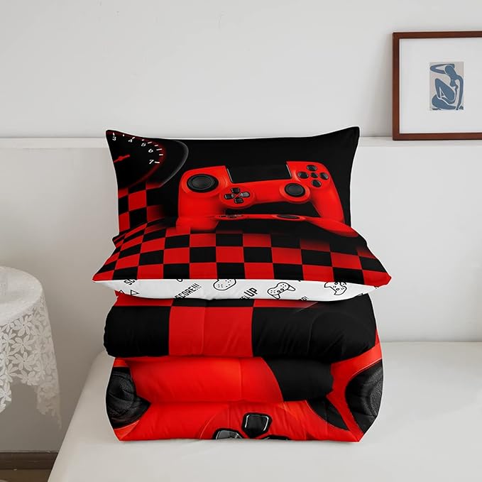Gaming Comforter for Boys Teen,Game Controller Bedding Set for Kids,Down Alternative Comforter for All Season,Gamer Home Decor for Young Man Comforter Set with Buffalo Check Plaid Duvet Quilted,Queen