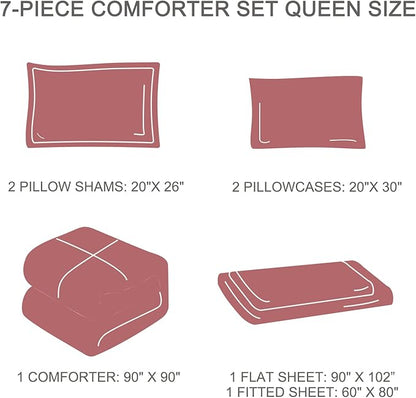 EMME Queen Comforter Set - Red Floral Bedding Set 7 PCS with Flowers Leaves Pattern, Soft Plant Printed Botanical Bed Set with Sheets, Fluffy Bed Bag for All Season(90"X90")