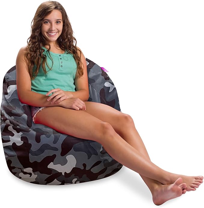 Posh Creations Structured Comfy Bean Bag Chair for Gaming, Reading and Watching TV, Sonoma Lounge, Nylon - Camo Dark and Black Gray