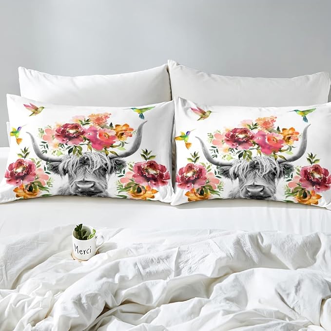 Erosebridal Highland Cow Floral Comforter Set King Size Bull Cattle Flower Bedding Set Wildlife Farmhouse Cow Quilt Hummingbird Duvet Insert Soft All Season White Down Comforter with 2 Pillowcases