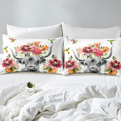 Erosebridal Highland Cow Floral Comforter Set King Size Bull Cattle Flower Bedding Set Wildlife Farmhouse Cow Quilt Hummingbird Duvet Insert Soft All Season White Down Comforter with 2 Pillowcases